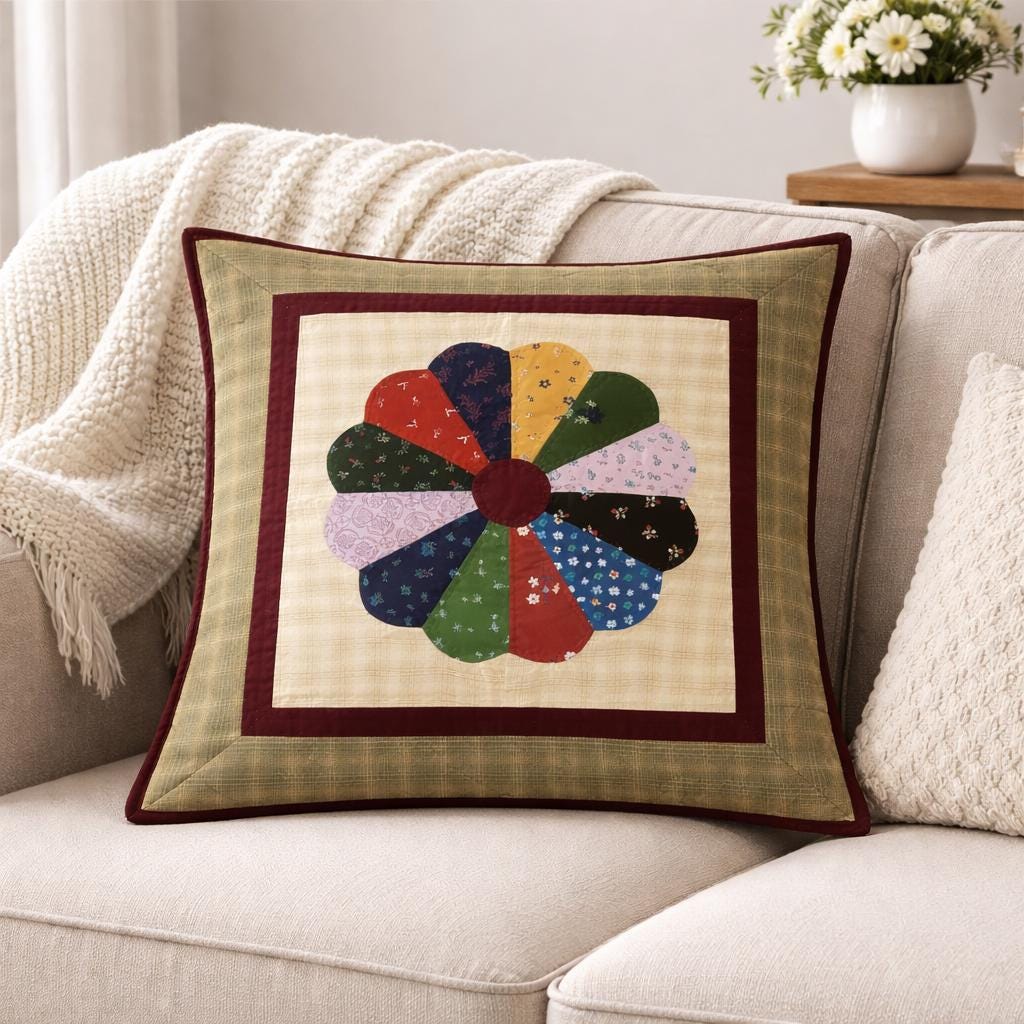 Hand made hand quilted patchwork pillow cover, cushion cover, throw pillow calico Dresden Plate Cushion by HOME HEART Brands(made in India)
