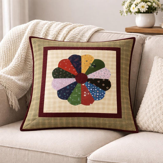 Hand made hand quilted patchwork pillow cover, cushion cover, throw pillow calico Dresden Plate Cushion by HOME HEART Brands(made in India)