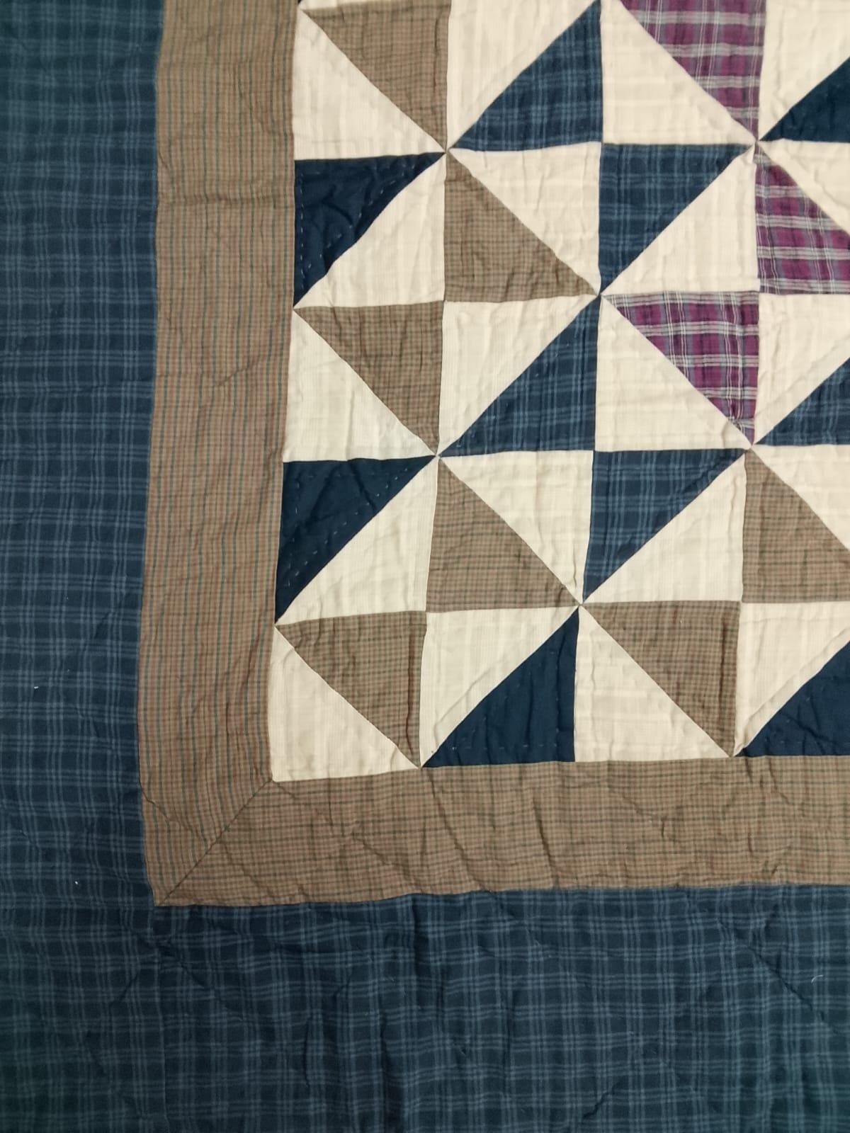 Hand quilted Indigo Country Pinwheel patchwork Quilt 90x100 | Farmhouse Bedspread | Surgical Cotton Plaid Backing by HOME HEART BRANDS