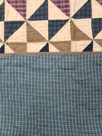 Hand quilted Indigo Country Pinwheel patchwork Quilt 90x100 | Farmhouse Bedspread | Surgical Cotton Plaid Backing by HOME HEART BRANDS
