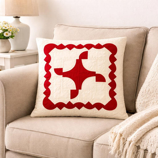 Hand made hand quilted Colonial Pinwheel Pillow Cover, cushion cover, throw pillow calico red by HOME HEART Brands(made in India)