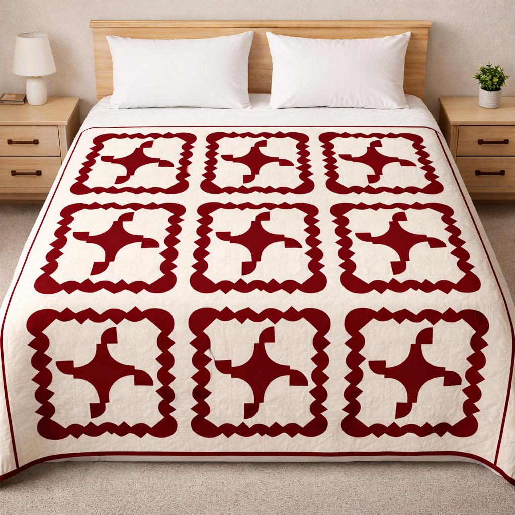 Hand crafted quilt Hand Quilted bedspread heirloom colonial-style patchwork deep red & off-white calico cotton fabric by HOME HEART Brands