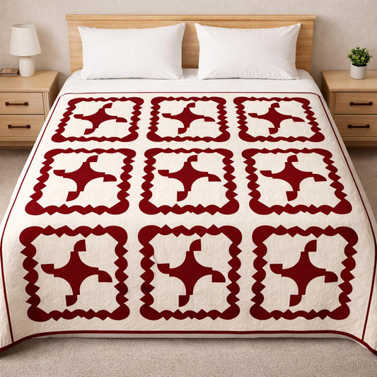 Hand crafted quilt Hand Quilted bedspread heirloom colonial-style patchwork deep red & off-white calico cotton fabric by HOME HEART Brands