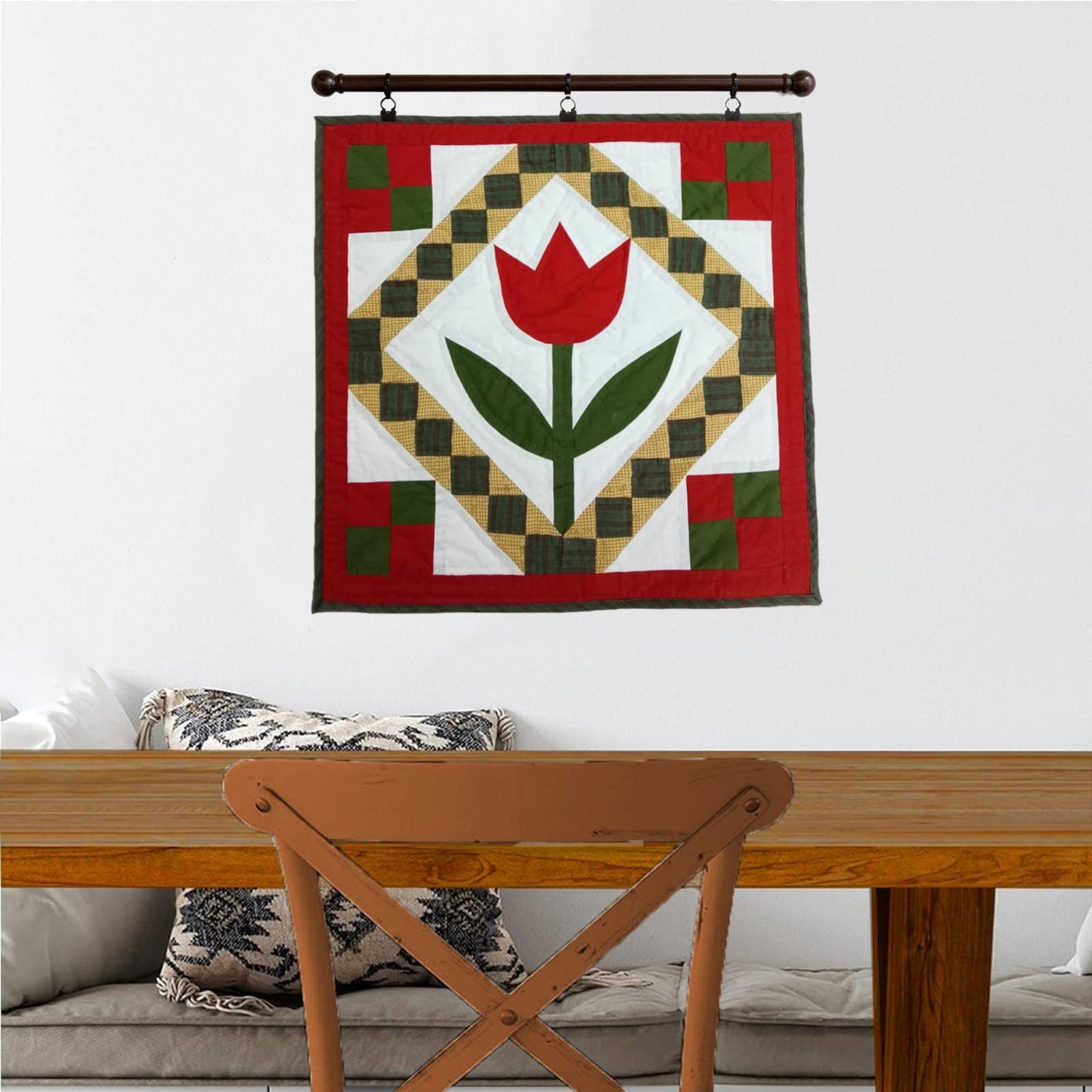 TULIP Hand made Hand quilted Mini wall hanging, small quilt, Table Topper calico cotton fabric  by Home Heart brands (Made in India)
