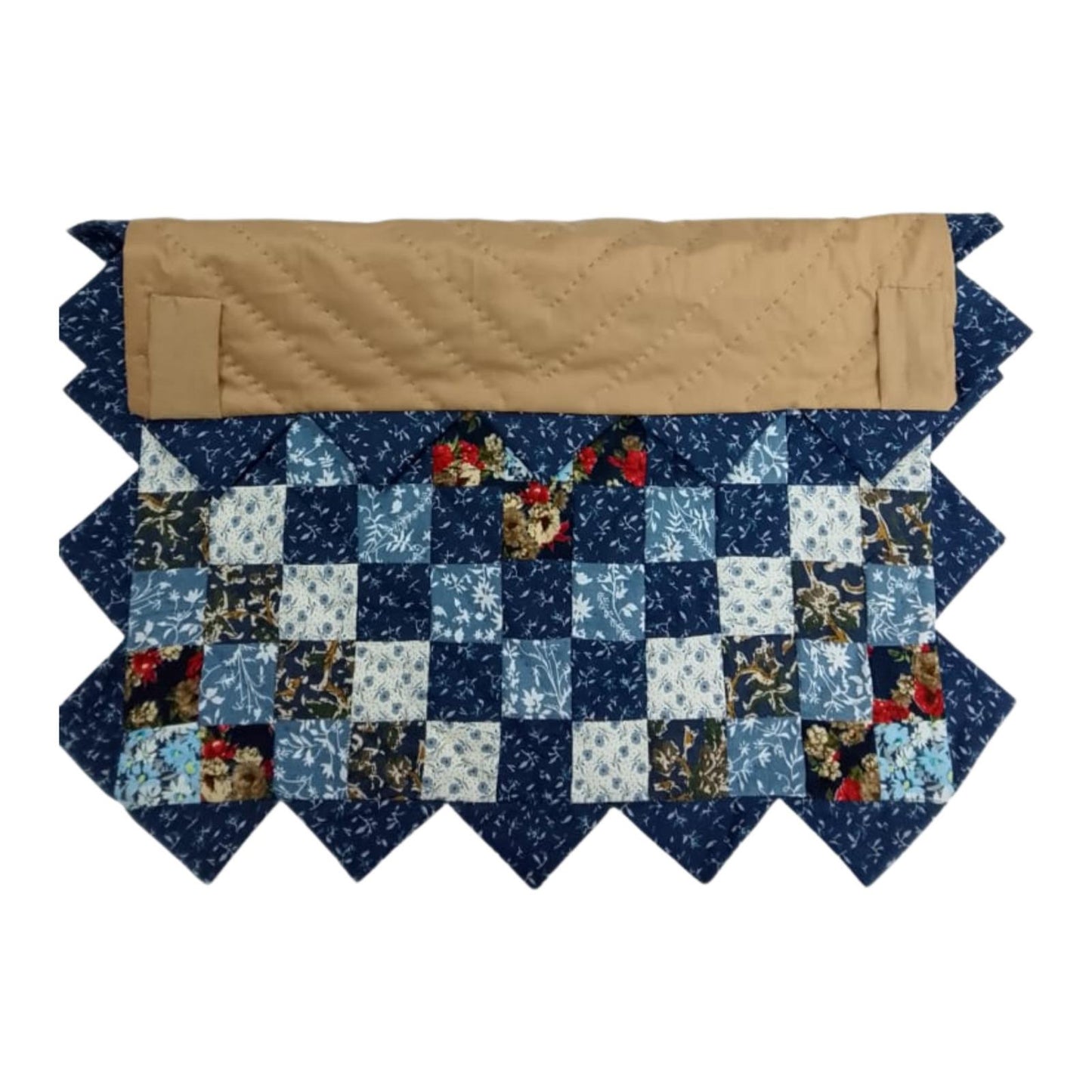 Hand made Hand quilted Throw Quilt, Table Topper Indigo Sunrise calico blue floral zig zag quilt by Home Heart brands (Made in India)