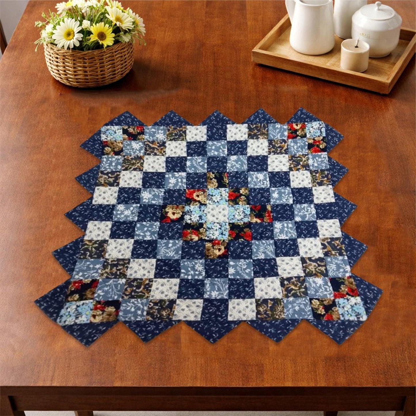 Hand made Hand quilted Throw Quilt, Table Topper Indigo Sunrise calico blue floral zig zag quilt by Home Heart brands (Made in India)