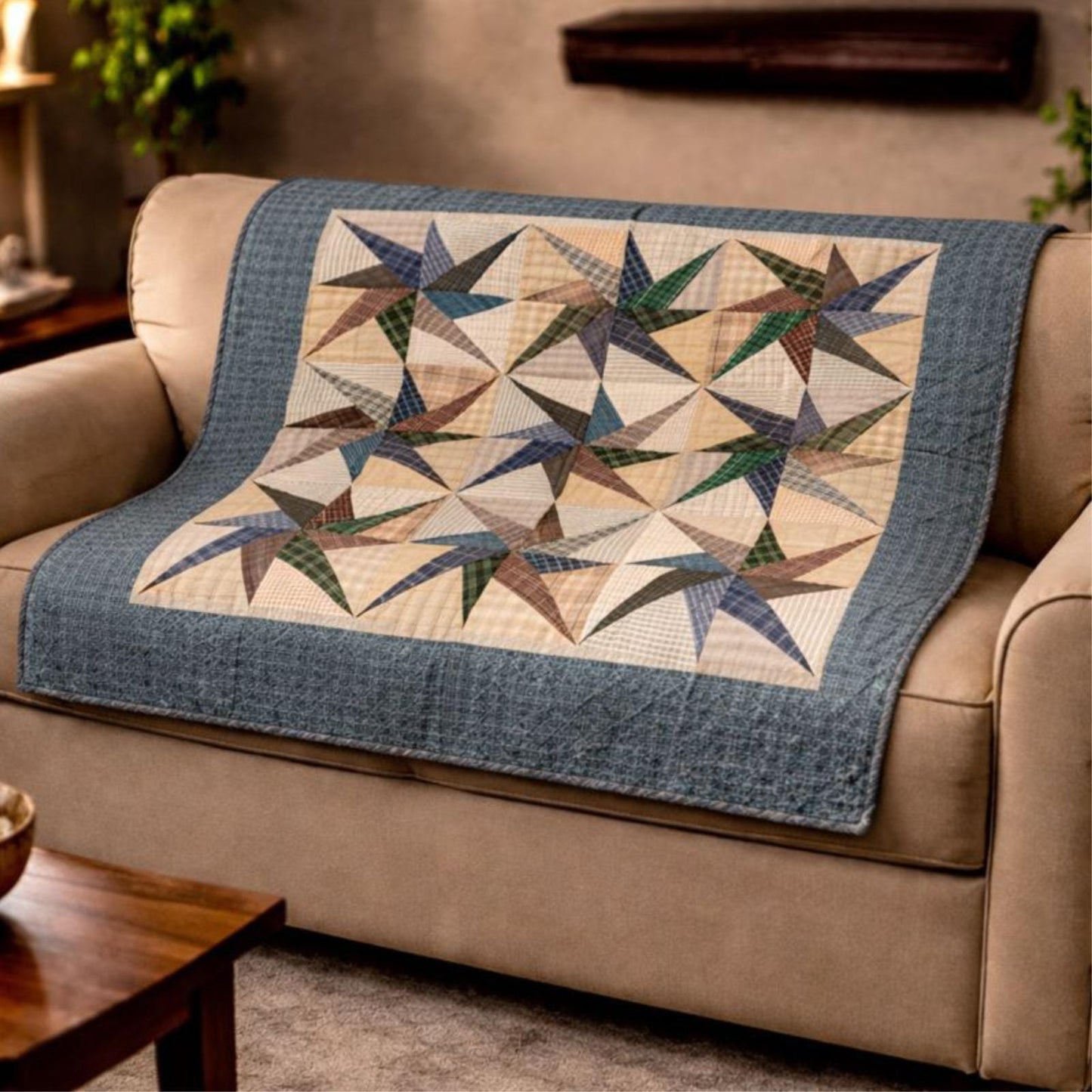 Country Galaxy Star Patchwork Quilt plaid 46"x46" Cotton Hand Quilted patchwork  wall hanging & Toppers, baby quilt by HOME HEART Brands