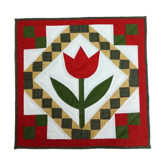 TULIP Hand made Hand quilted Mini wall hanging, small quilt, Table Topper calico cotton fabric  by Home Heart brands (Made in India)