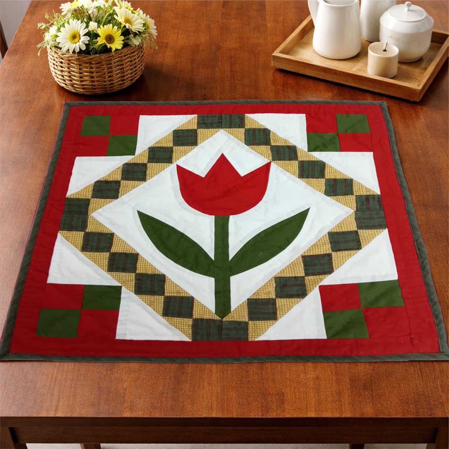 TULIP Hand made Hand quilted Mini wall hanging, small quilt, Table Topper calico cotton fabric  by Home Heart brands (Made in India)