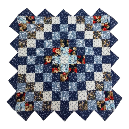 Hand made Hand quilted Throw Quilt, Table Topper Indigo Sunrise calico blue floral zig zag quilt by Home Heart brands (Made in India)