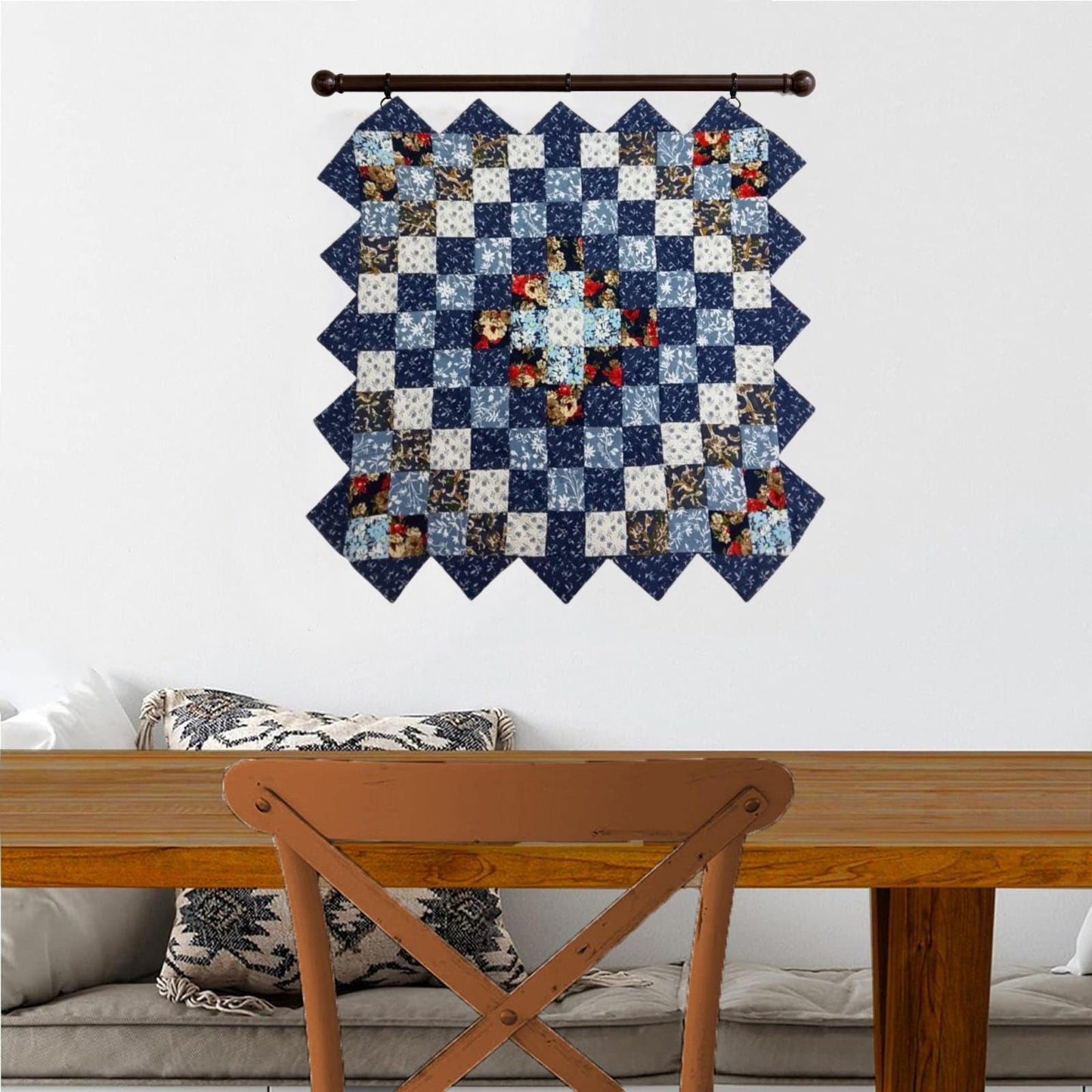 Hand made Hand quilted Throw Quilt, Table Topper Indigo Sunrise calico blue floral zig zag quilt by Home Heart brands (Made in India)