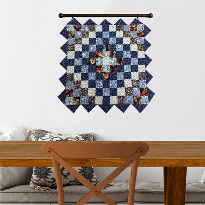 Hand made Hand quilted Throw Quilt, Table Topper Indigo Sunrise calico blue floral zig zag quilt by Home Heart brands (Made in India)