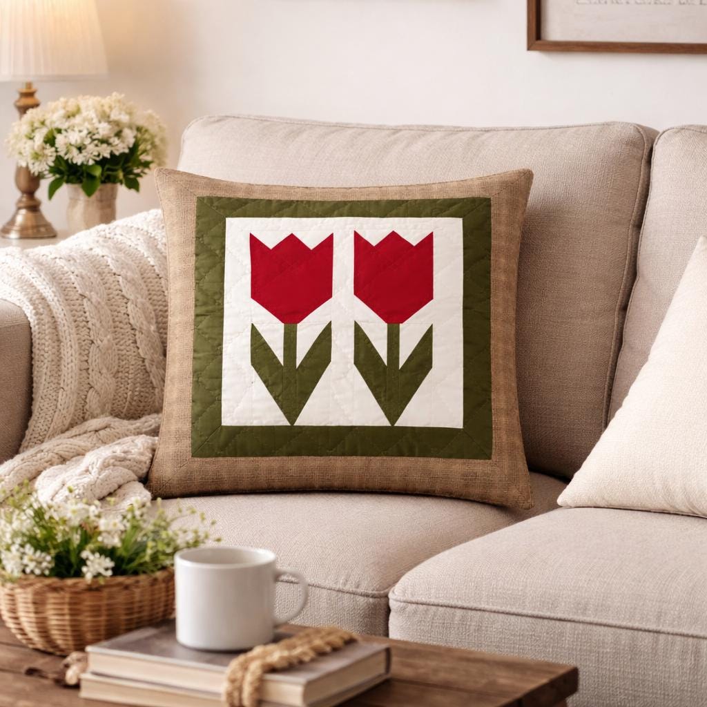 Hand made hand quilted Calico Country Tulip patchwork pillow cover, cushion cover, throw pillow by HOME HEART Brands(made in India)