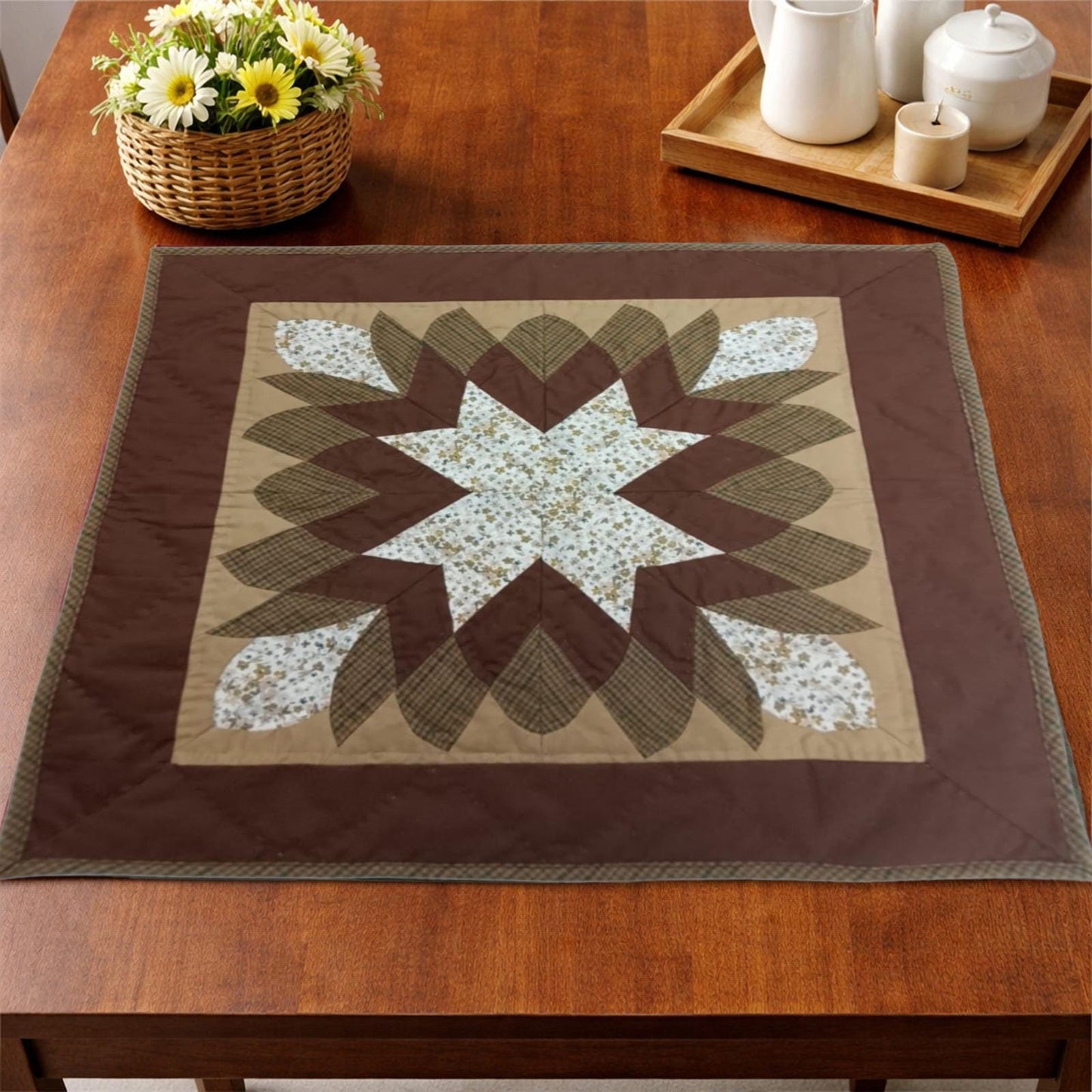 COUNTRY STARBURST Hand made Hand quilted Mini wall hanging, small quilt, Table Topper cotton fabric by Home Heart brands (Made in India)