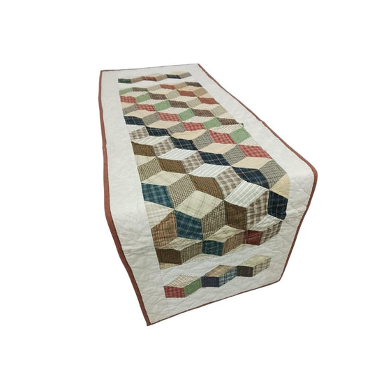 Hand Quilted patchwork Table Runner & Toppers 16"X46" Calico plaid Country Tumbling block Table runner by HOME HEART Brands(made in INDIA)