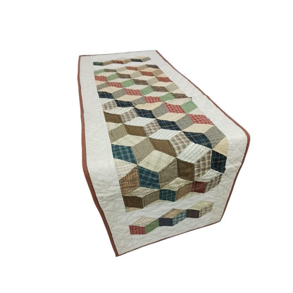 Hand Quilted patchwork Table Runner & Toppers 16"X46" Calico plaid Country Tumbling block Table runner by HOME HEART Brands(made in INDIA)