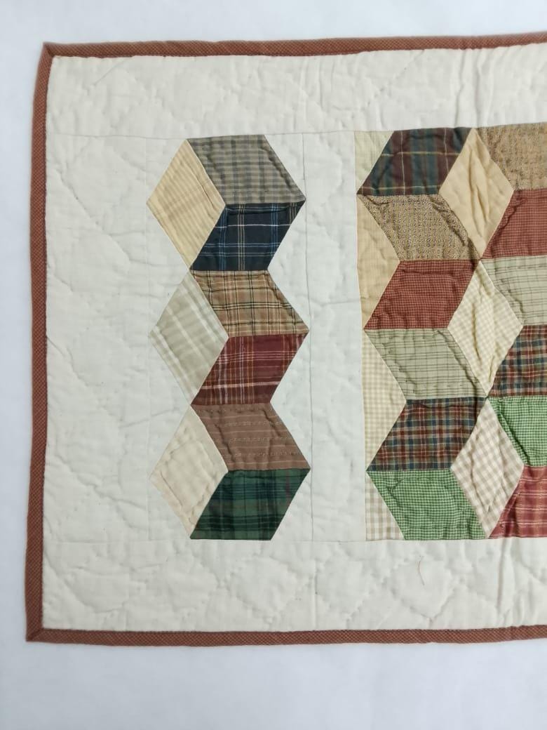 Hand Quilted patchwork Table Runner & Toppers 16"X46" Calico plaid Country Tumbling block Table runner by HOME HEART Brands(made in INDIA)