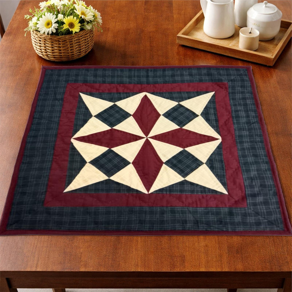 Hand made hand quilted Block quilt, Throw, Table topper, table accent piece, Country Spinning Wheel Quilt by HOME HEART Brands