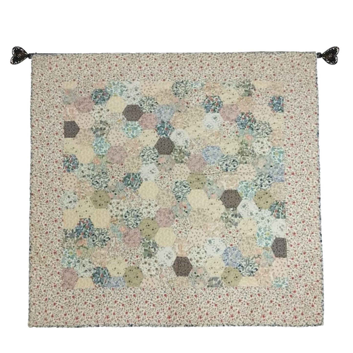 Grandmother’s Flower Garden Hand quilted Wall hanging 46"x46" Table Topper calico cotton print fabric  by Home Heart brands (Made in India)