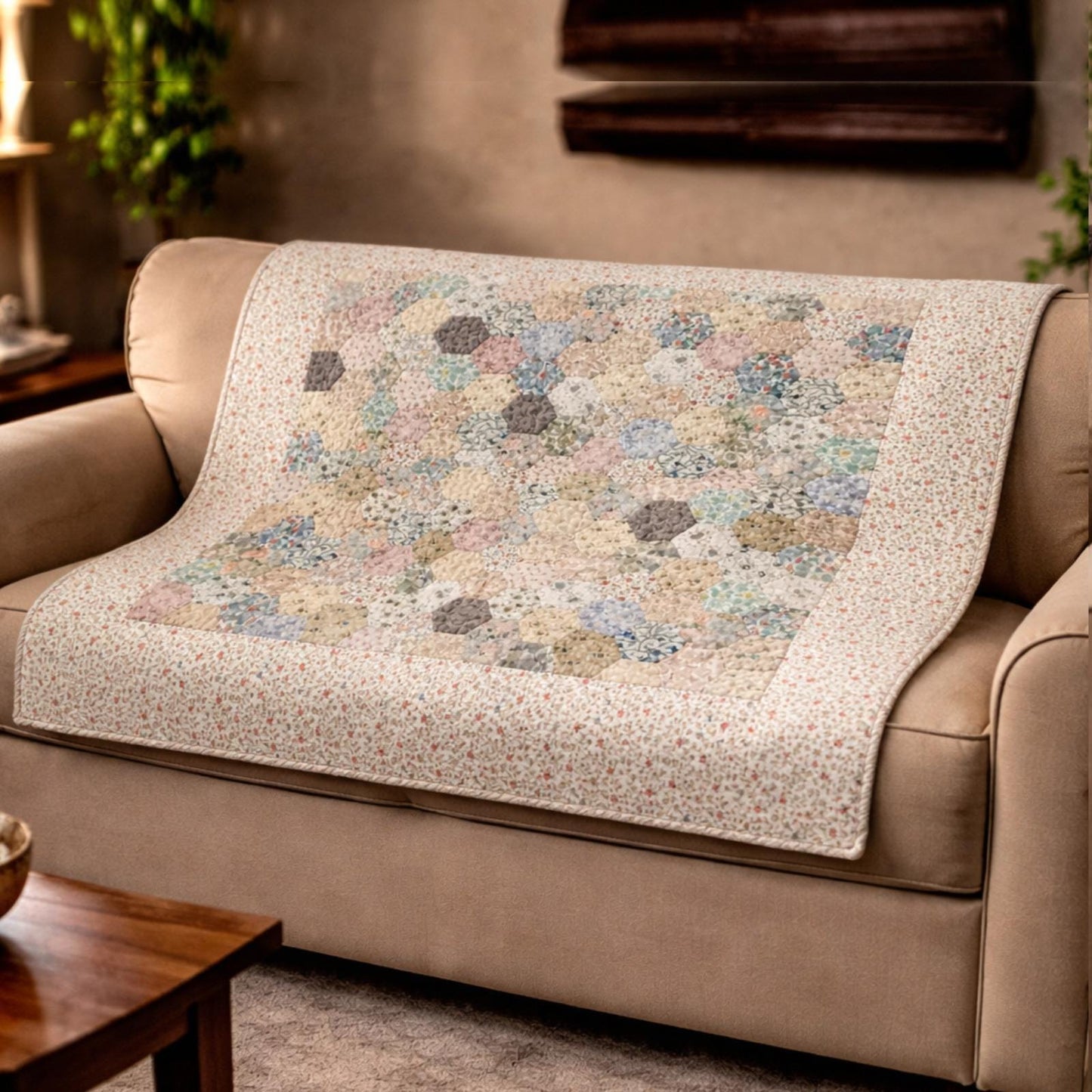 Grandmother’s Flower Garden Hand quilted Wall hanging 46"x46" Table Topper calico cotton print fabric  by Home Heart brands (Made in India)