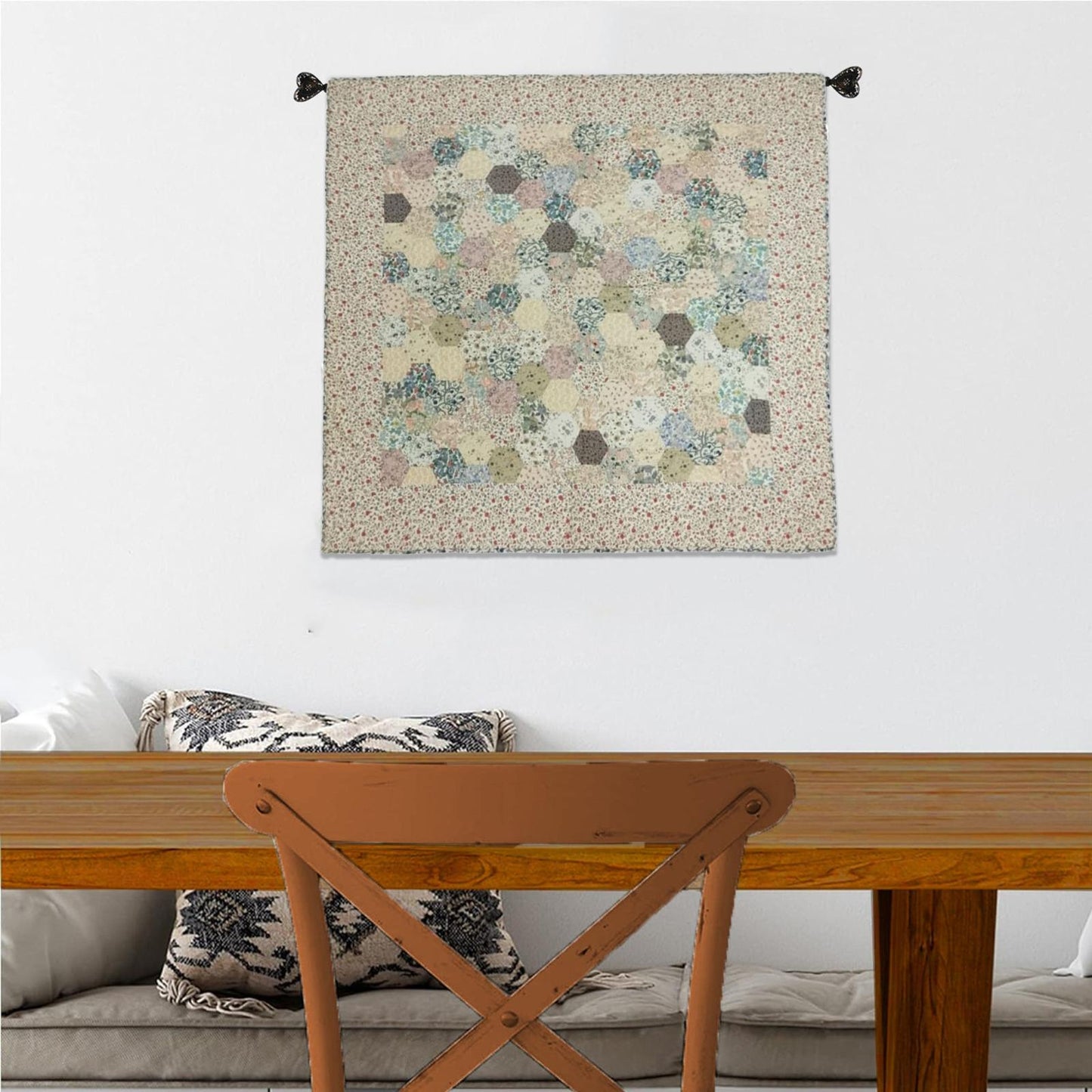 Grandmother’s Flower Garden Hand quilted Wall hanging 46"x46" Table Topper calico cotton print fabric  by Home Heart brands (Made in India)