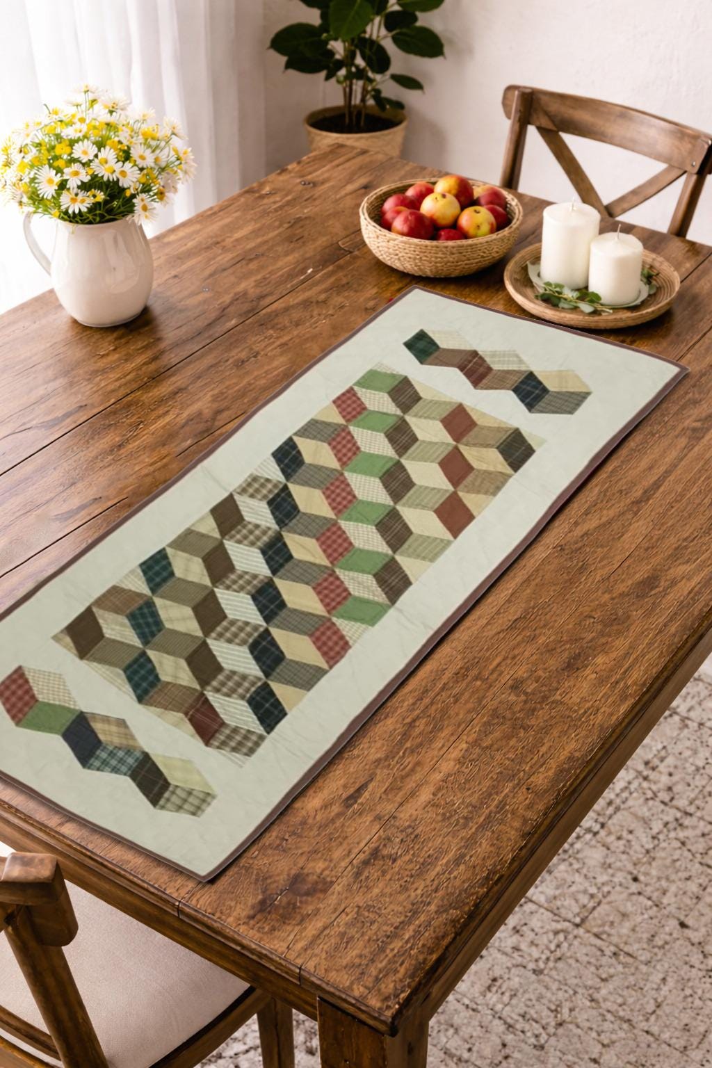 Hand Quilted patchwork Table Runner & Toppers 16"X46" Calico plaid Country Tumbling block Table runner by HOME HEART Brands(made in INDIA)