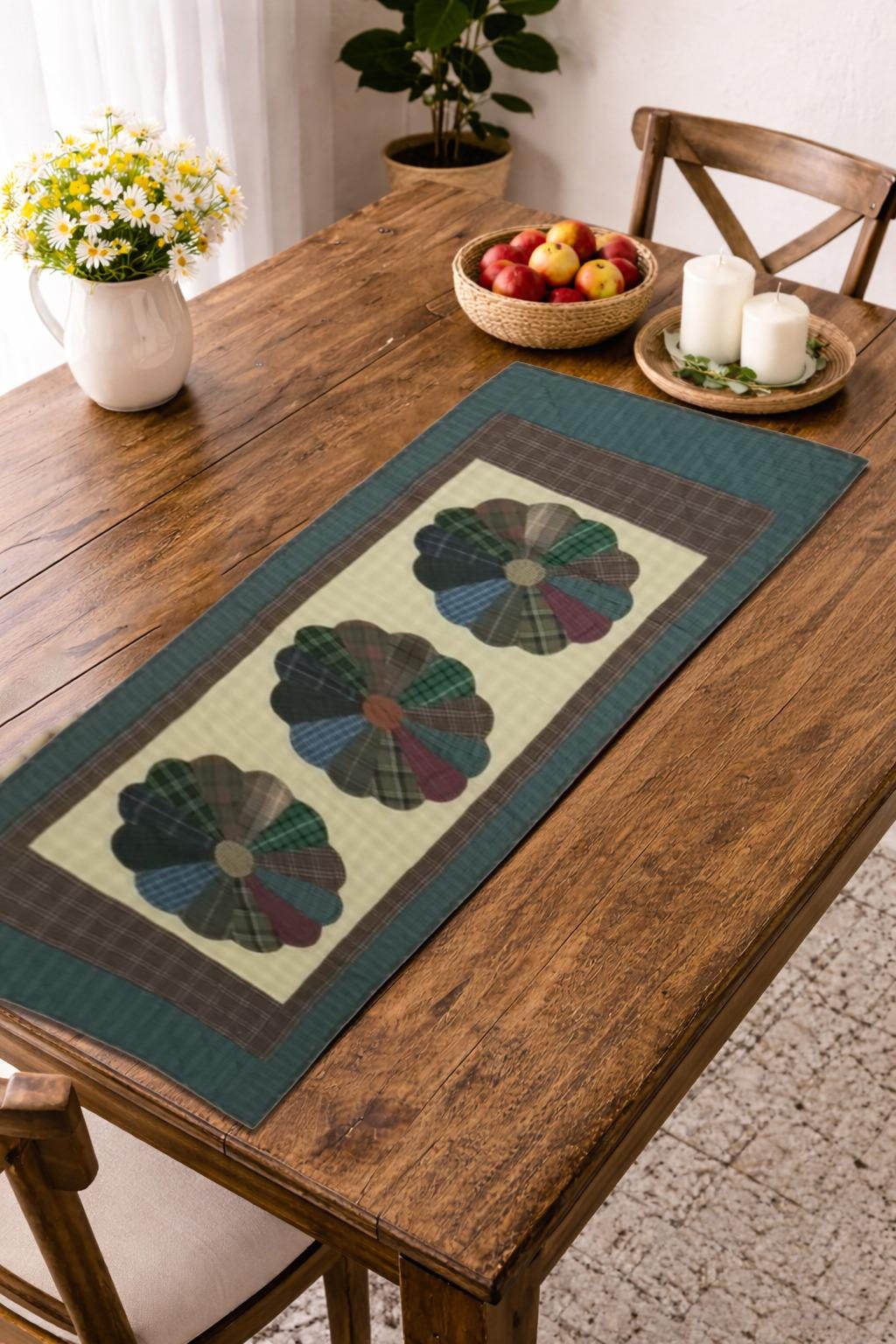 Hand Quilted patchwork Table Runner & Toppers 16"X46" Calico plaid Country Dresden plate Table runner by HOME HEART Brands(made in INDIA)