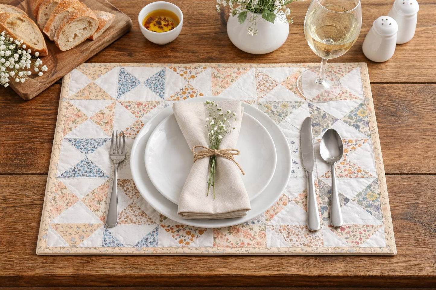 Hand made hand quilted placemats, tablemats, table topper,  patchwork Calico floral pinwheel 14"X19" by HOME HEART Brands (Made in India)