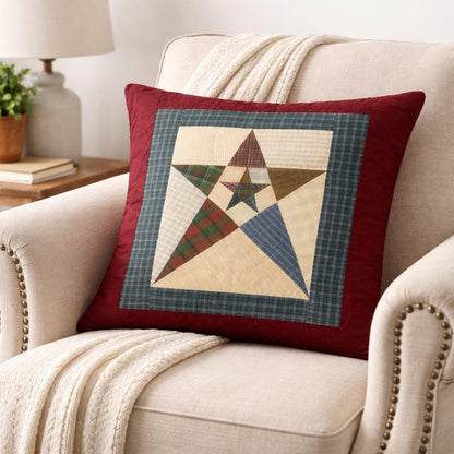 Hand Quilted Star Pillow Cover 16"x16", Primitive Country Plaid Cushion