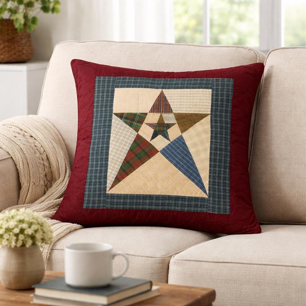 Hand Quilted Star Pillow Cover 16"x16", Primitive Country Plaid Cushion