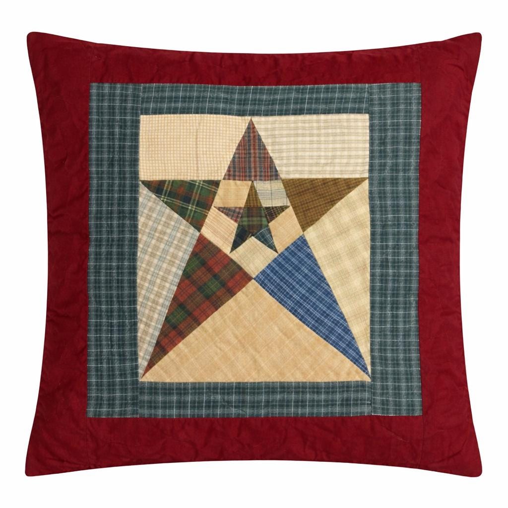 Hand Quilted Star Pillow Cover 16"x16", Primitive Country Plaid Cushion