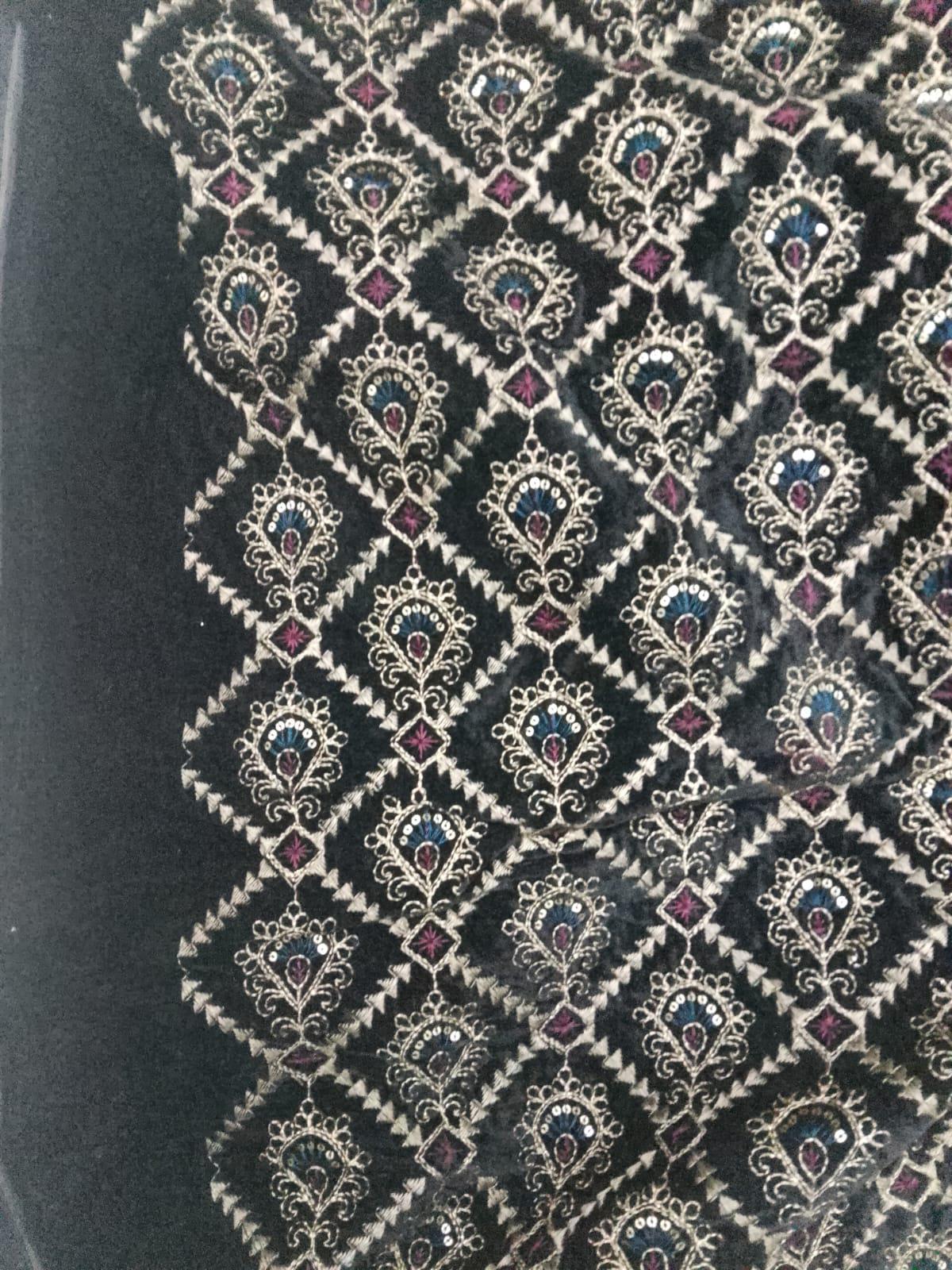 Fabric black Velvet Fabric Heavy Embroidery, Floral Trellis Design, Upholstery Fabric for Sofa Cushion Curtains by Home Heart Brands INDIA