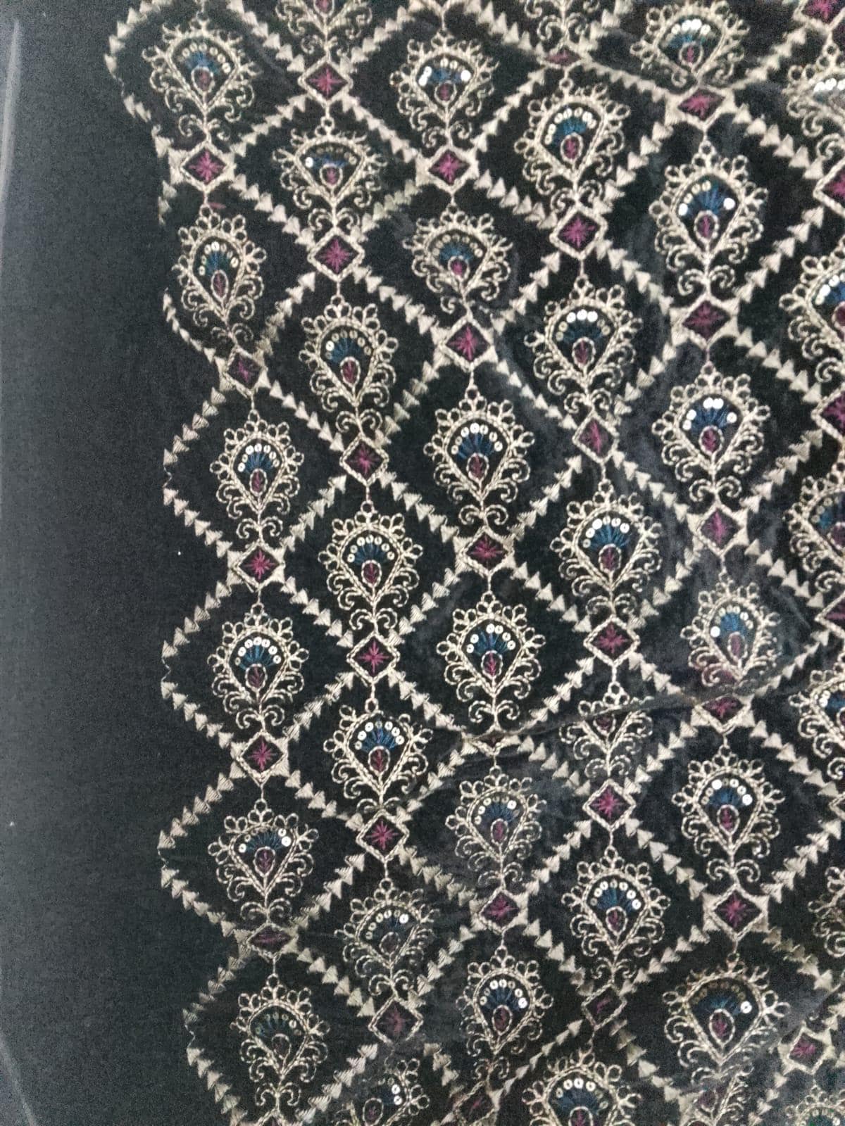 Fabric black Velvet Fabric Heavy Embroidery, Floral Trellis Design, Upholstery Fabric for Sofa Cushion Curtains by Home Heart Brands INDIA