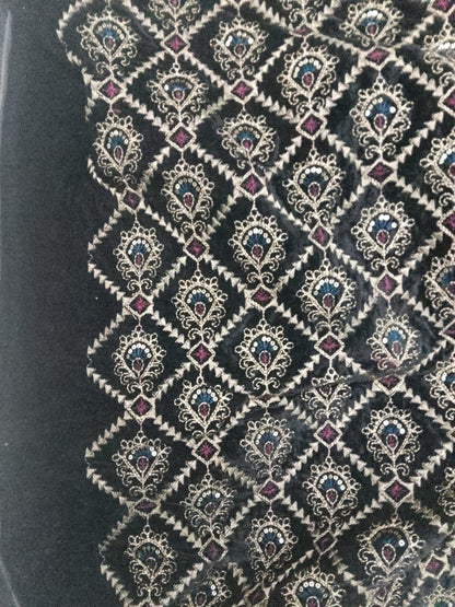 Fabric black Velvet Fabric Heavy Embroidery, Floral Trellis Design, Upholstery Fabric for Sofa Cushion Curtains by Home Heart Brands INDIA
