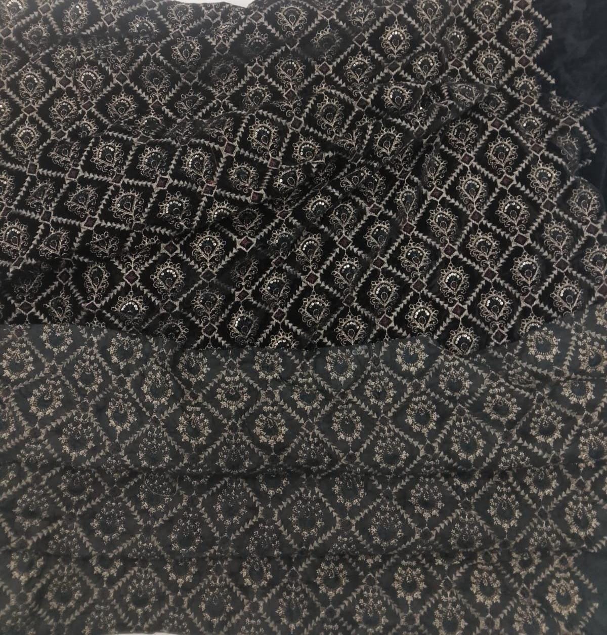 Fabric black Velvet Fabric Heavy Embroidery, Floral Trellis Design, Upholstery Fabric for Sofa Cushion Curtains by Home Heart Brands INDIA
