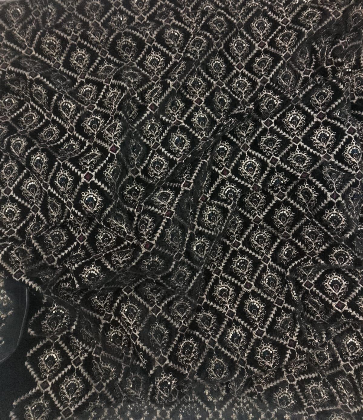 Fabric black Velvet Fabric Heavy Embroidery, Floral Trellis Design, Upholstery Fabric for Sofa Cushion Curtains by Home Heart Brands INDIA