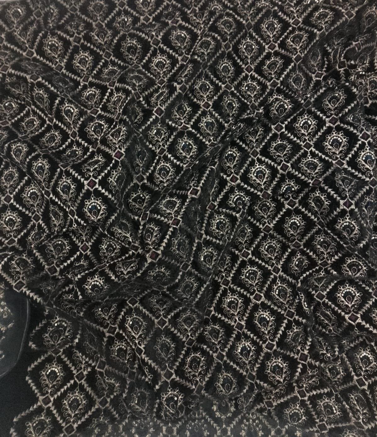 Fabric black Velvet Fabric Heavy Embroidery, Floral Trellis Design, Upholstery Fabric for Sofa Cushion Curtains by Home Heart Brands INDIA