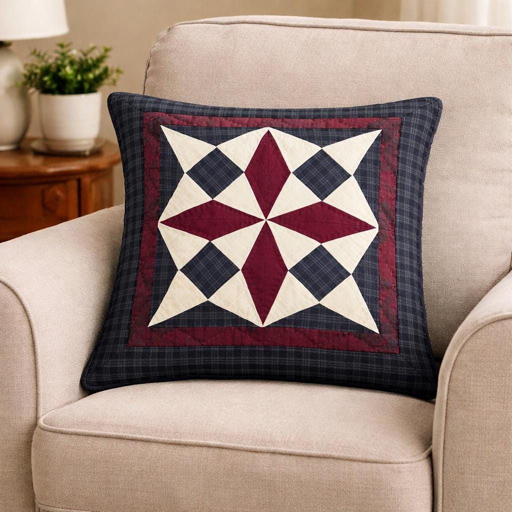 Hand quilted country spinning wheel Cushion Cover Patchwork Pillow | Primitive Farmhouse calico quilt by HOME HEART Brands(made in India)