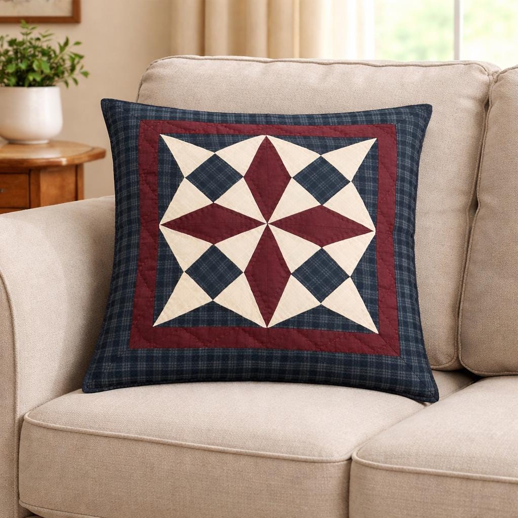 Hand quilted country spinning wheel Cushion Cover Patchwork Pillow | Primitive Farmhouse calico quilt by HOME HEART Brands(made in India)