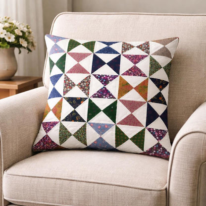 Hand Quilted Pinwheel Patchwork Pillow Cover, Calico Floral farmhouse Cushion Cover, Cotton Quilt Pillow, Made in India by HOME HEART