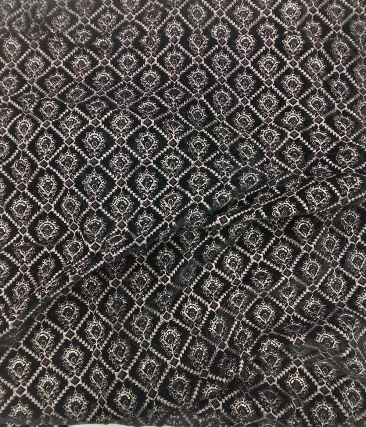 Fabric black Velvet Fabric Heavy Embroidery, Floral Trellis Design, Upholstery Fabric for Sofa Cushion Curtains by Home Heart Brands INDIA