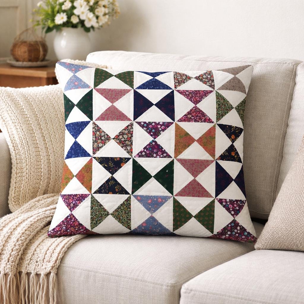 Hand Quilted Pinwheel Patchwork Pillow Cover, Calico Floral farmhouse Cushion Cover, Cotton Quilt Pillow, Made in India by HOME HEART