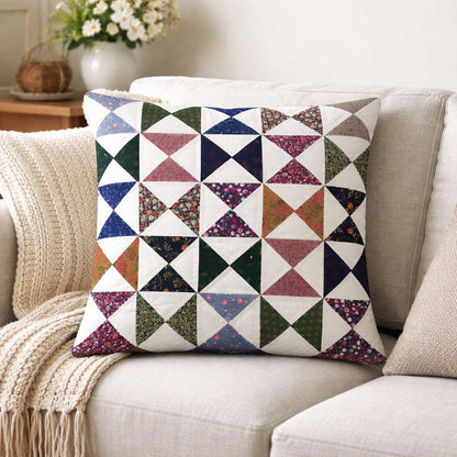 Hand Quilted Pinwheel Patchwork Pillow Cover, Calico Floral farmhouse Cushion Cover, Cotton Quilt Pillow, Made in India by HOME HEART