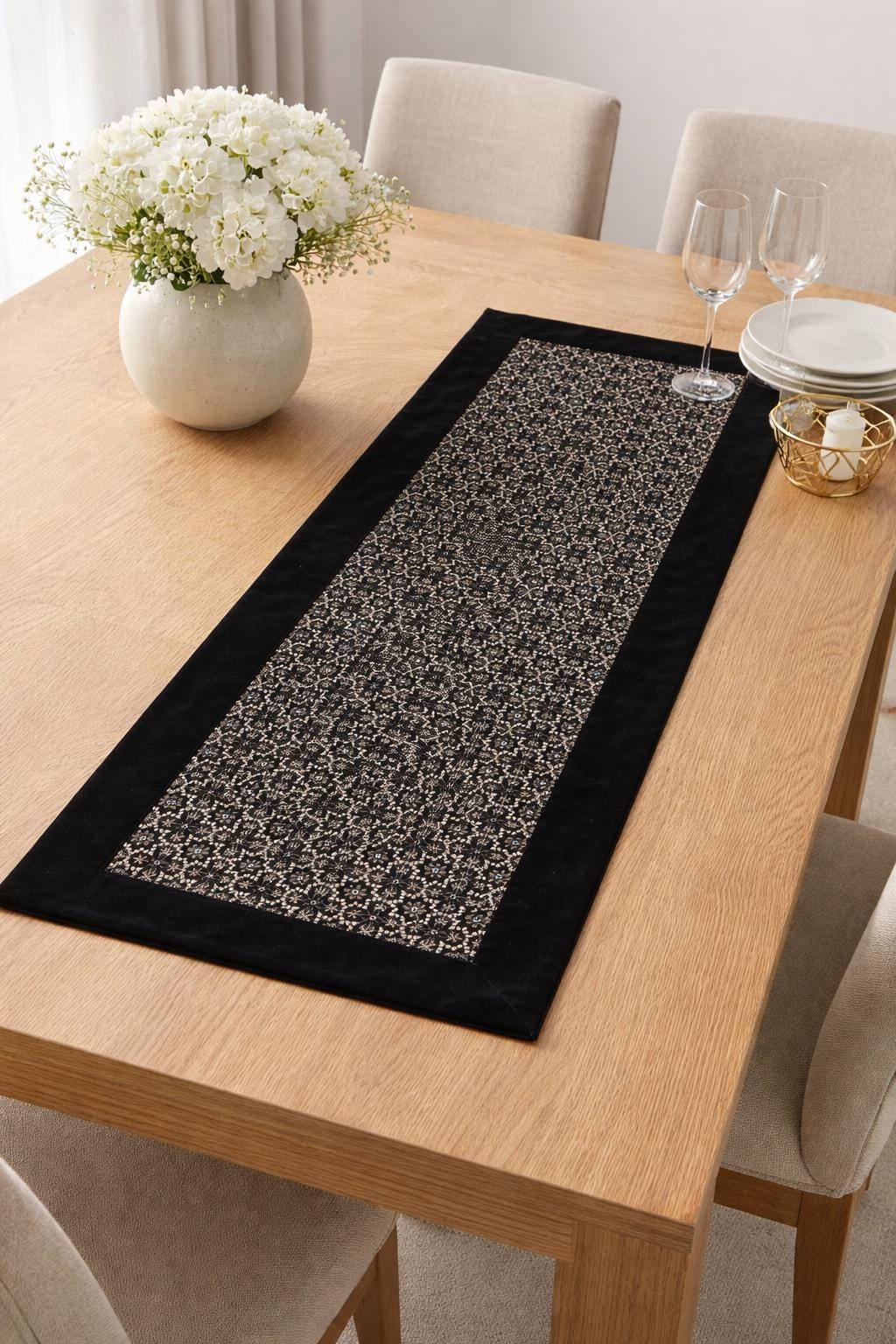 Black Velvet Table Runner, Star Embroidered Reversible Runner, Luxury Dining Table Decor made in India by HOME HEART Brands