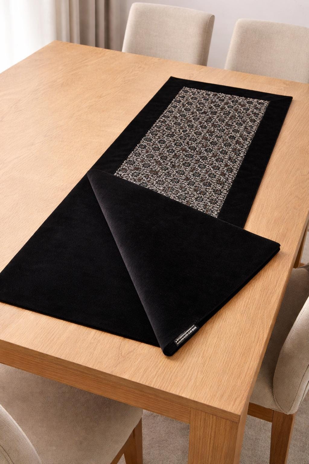 Black Velvet Table Runner, Star Embroidered Reversible Runner, Luxury Dining Table Decor made in India by HOME HEART Brands