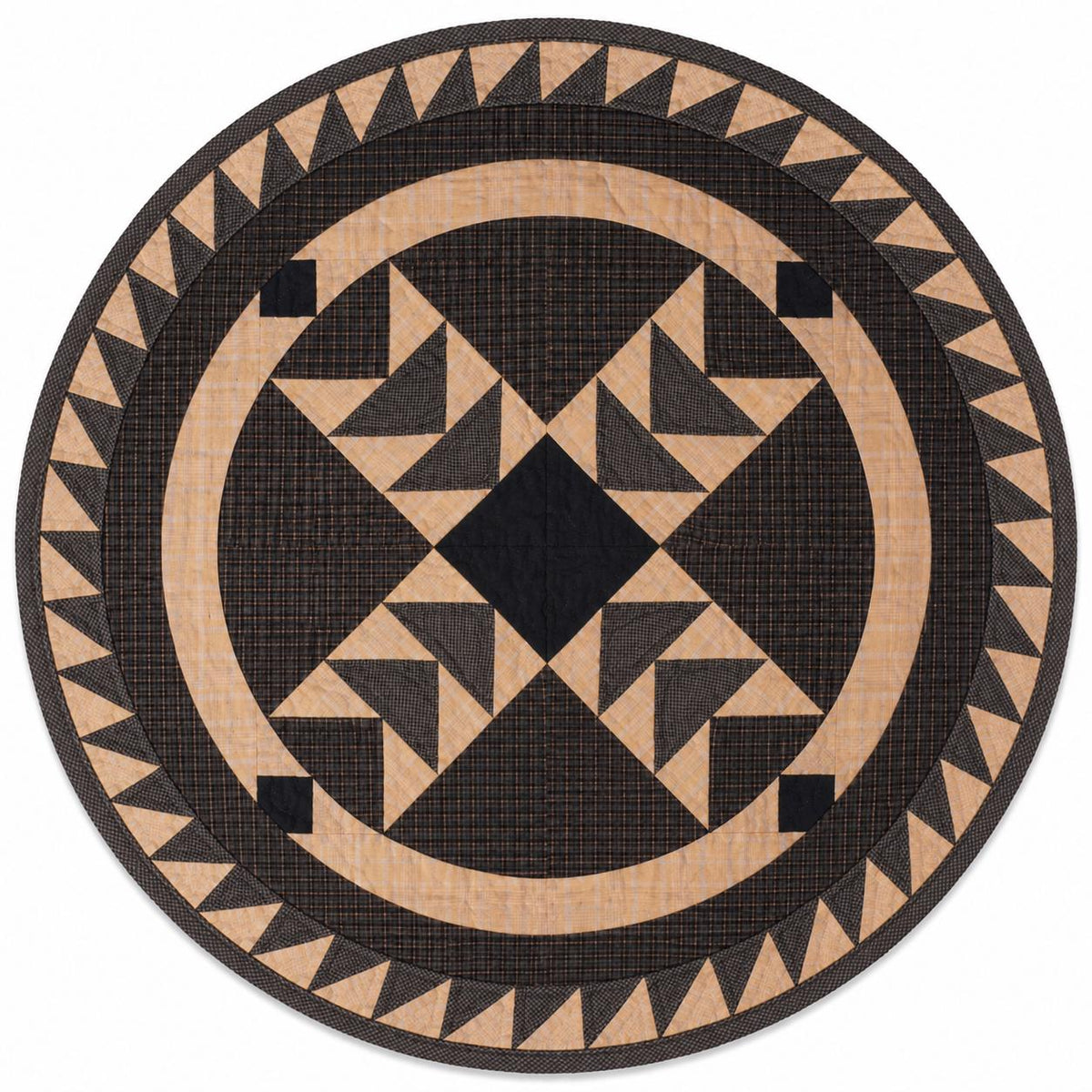 Hand made Hand quilted round Table Topper Primitive flying geese plaid quilt by Home Heart brands (Made in India)