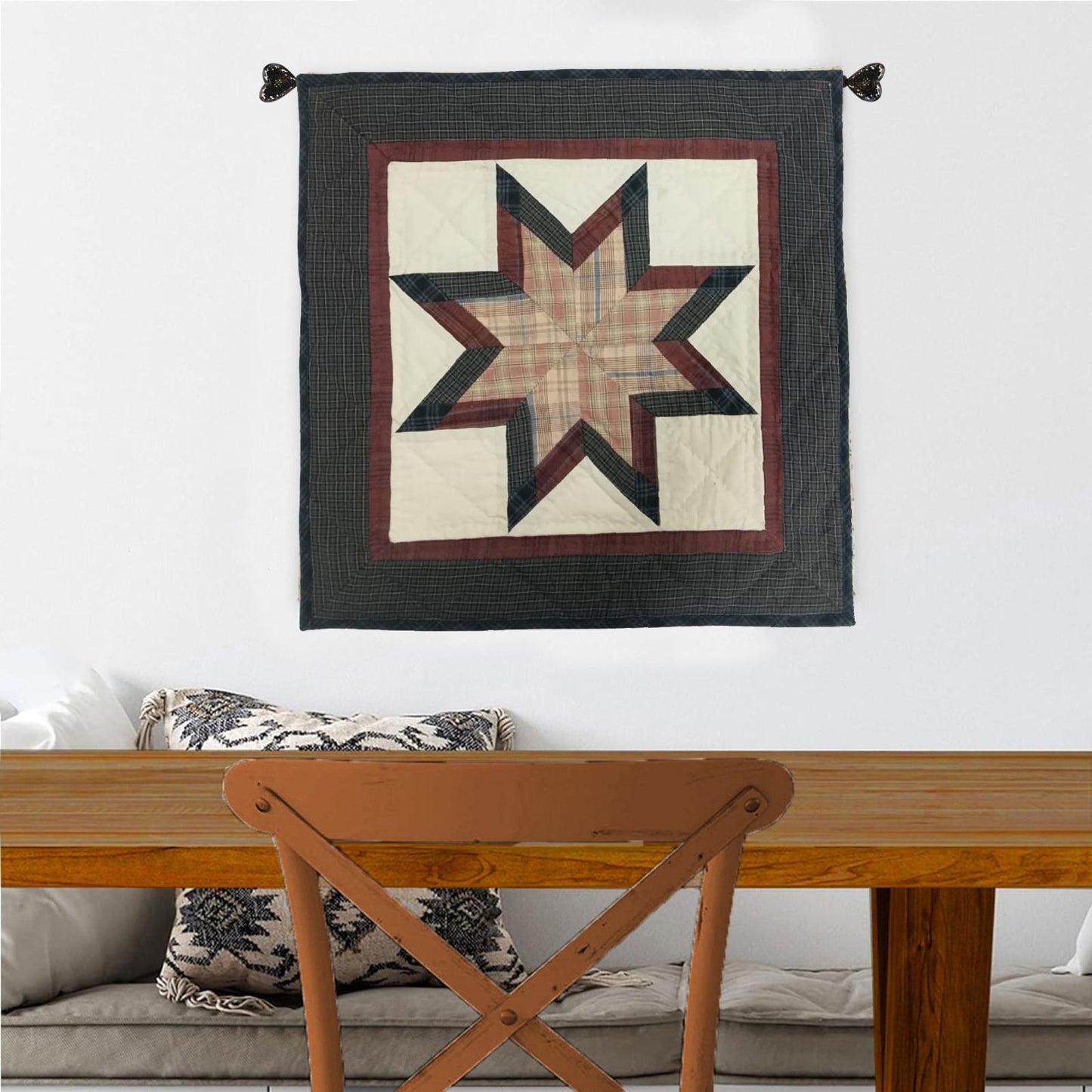 Hand made Hand quilted wall hanging, Table Topper 20"x20" Star burst plaid quilt by Home Heart brands (Made in India)