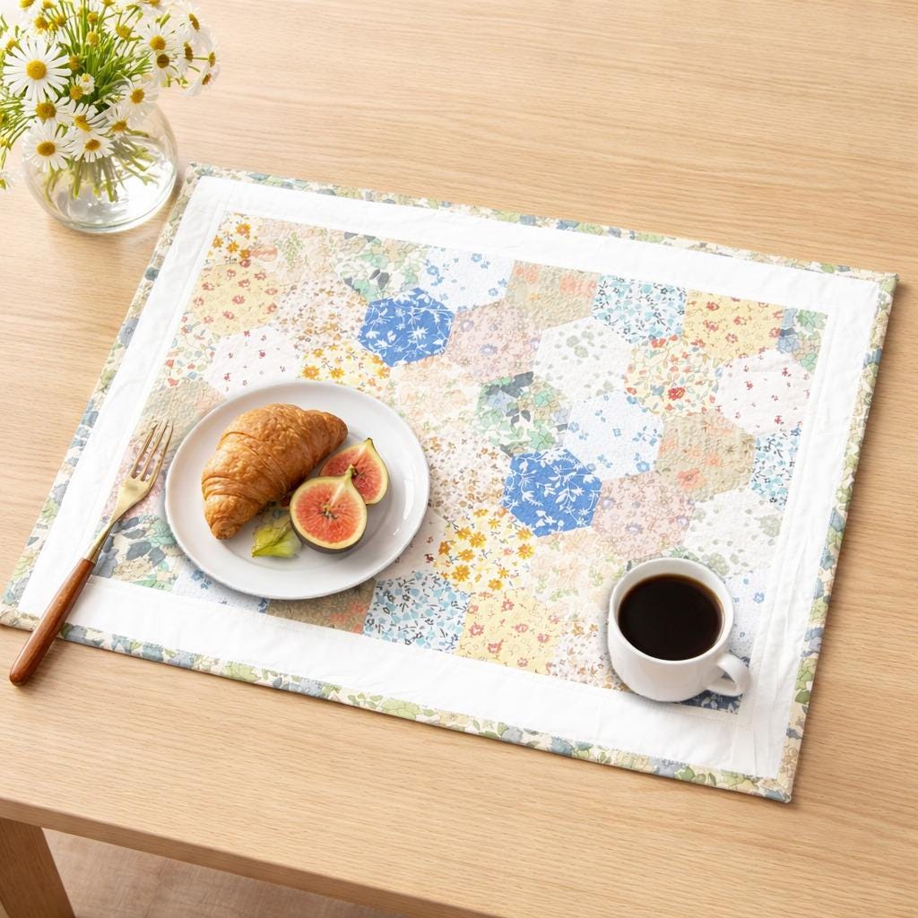 quilted Hexagon placemats tablemats patchwork Calico Country Floral 14"X19" by HOME HEART Brands (Made in India)