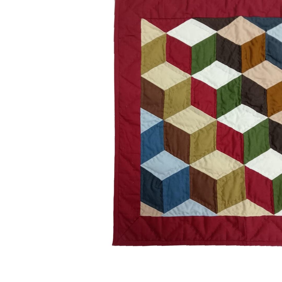 Wall hanging  hand quilted quilt, Table topper, Patchwork | 3D Patchwork Farmhouse Quilt Decor | Primitive Tumbling block Cotton Quilt