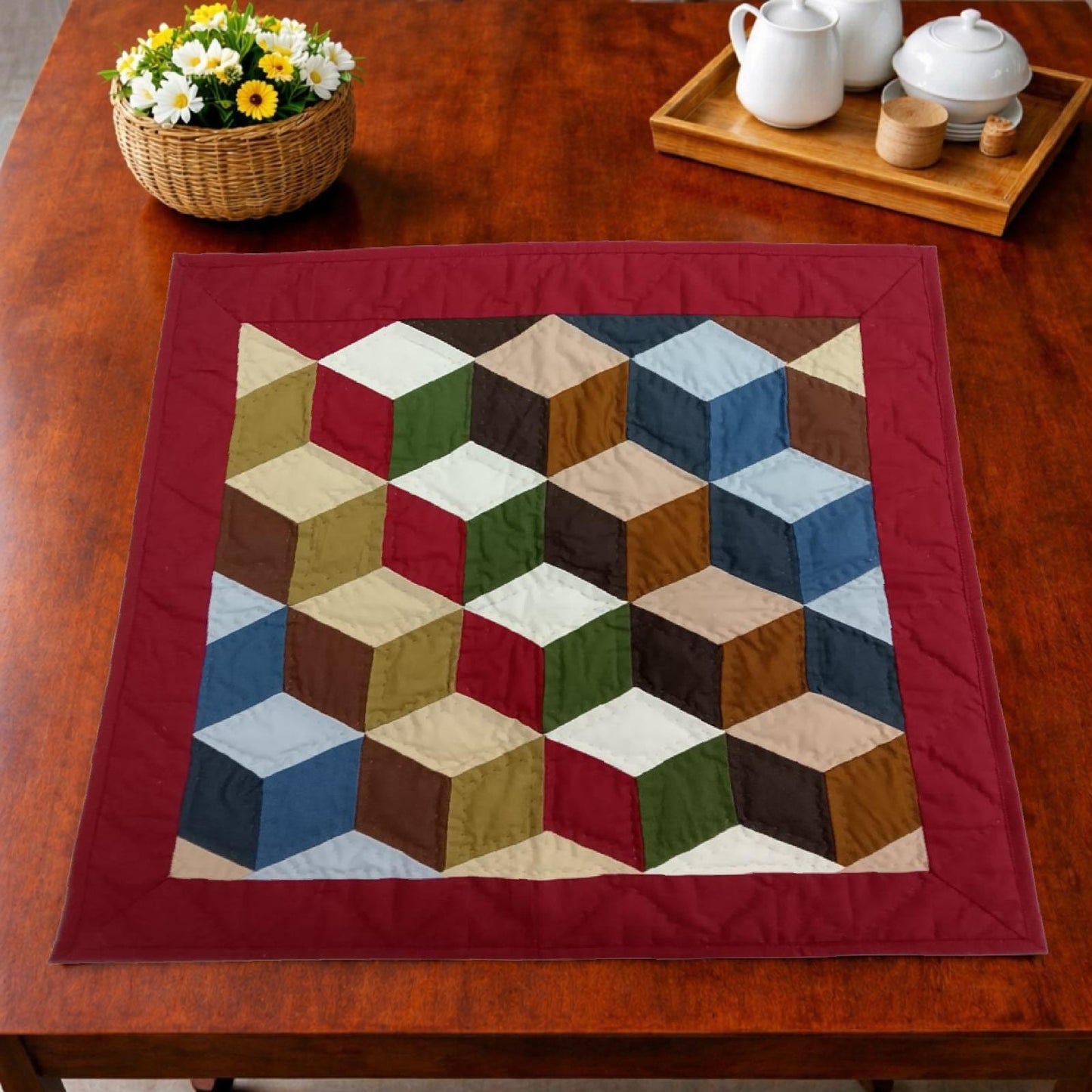 Wall hanging  hand quilted quilt, Table topper, Patchwork | 3D Patchwork Farmhouse Quilt Decor | Primitive Tumbling block Cotton Quilt